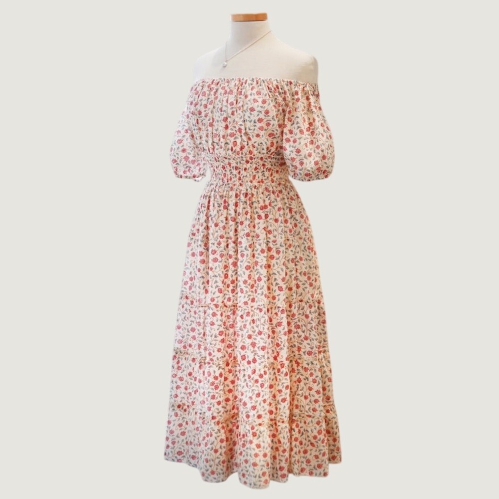CJ Laing Happy Dress Buttermint Floral Block Print Smocked Puff Sleeve S
